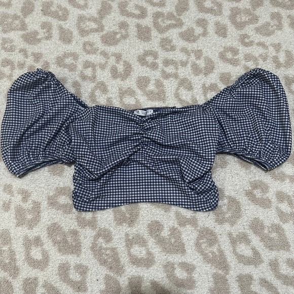 Zara Tops - Zara Gingham Crop Top Navy Blue White Puff Sleeve Smocked Small